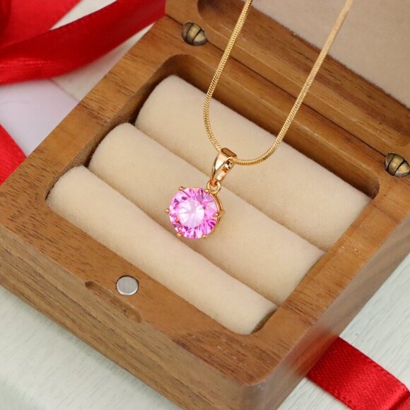 "Pink Round Pendant in Rose Gold with Sparkling Faceted Stone, XPPT1499 - Picture 3 of 13